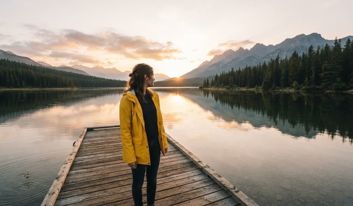 The same lake dock scene extended wider to show pine trees, calm water and mountains around the woman in a yellow raincoat