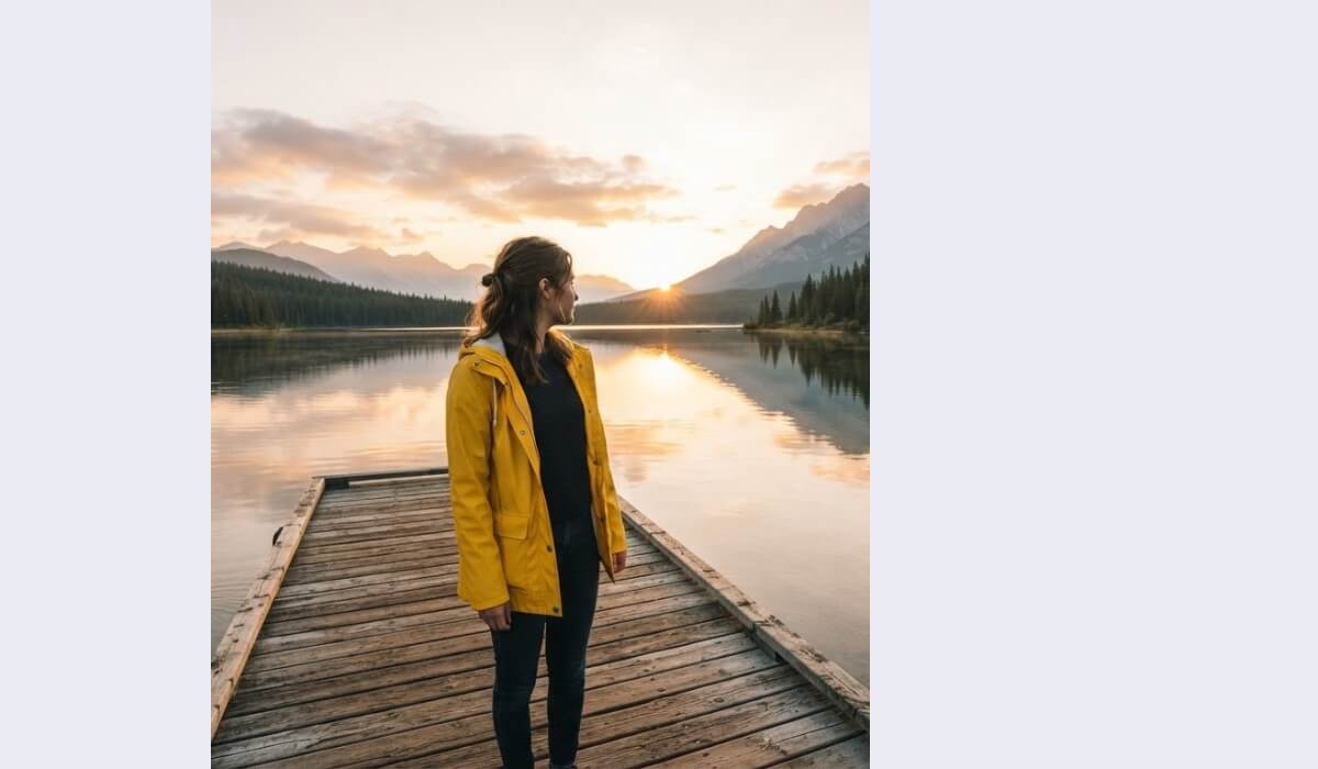 A lake dock at sunrise cropped tightly around a woman in a yellow raincoat, with blank gray space on both sides waiting to be filled