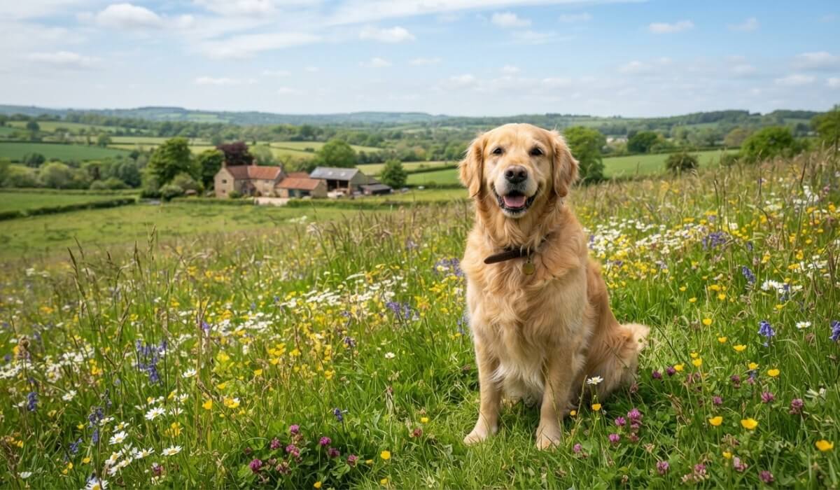 The same meadow scene extended wider to show wildflowers, rolling fields and a distant farmhouse around the golden retriever