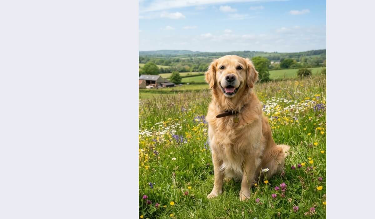 A golden retriever in a meadow cropped tightly with blank gray space on both sides