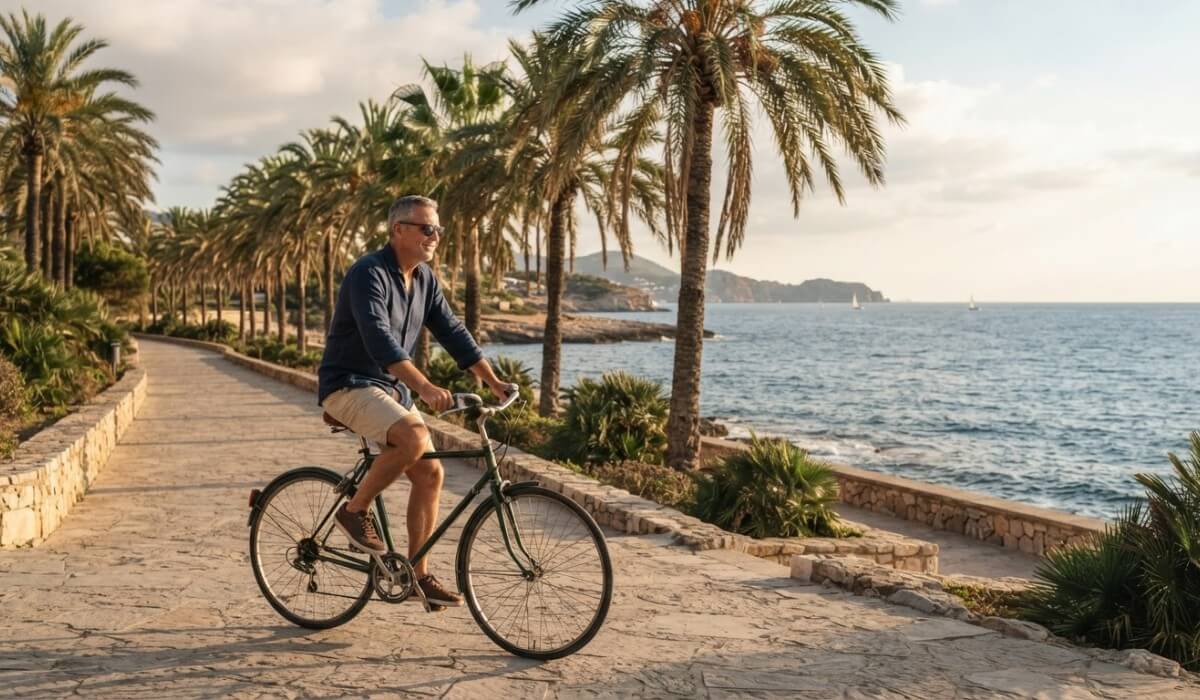 The same seaside promenade extended wider to show palm trees, the sea and the coastline around the cyclist