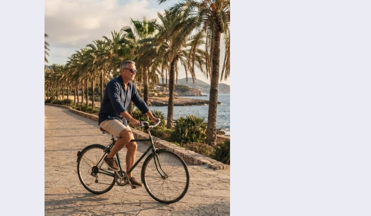A cyclist on a seaside promenade cropped tightly with blank gray space on both sides