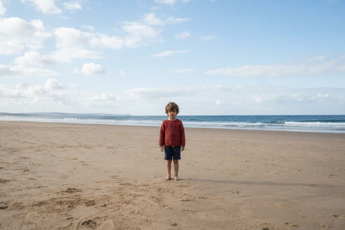 A child standing in the center of an open beach with empty sand and sky around, an easy photo to extend