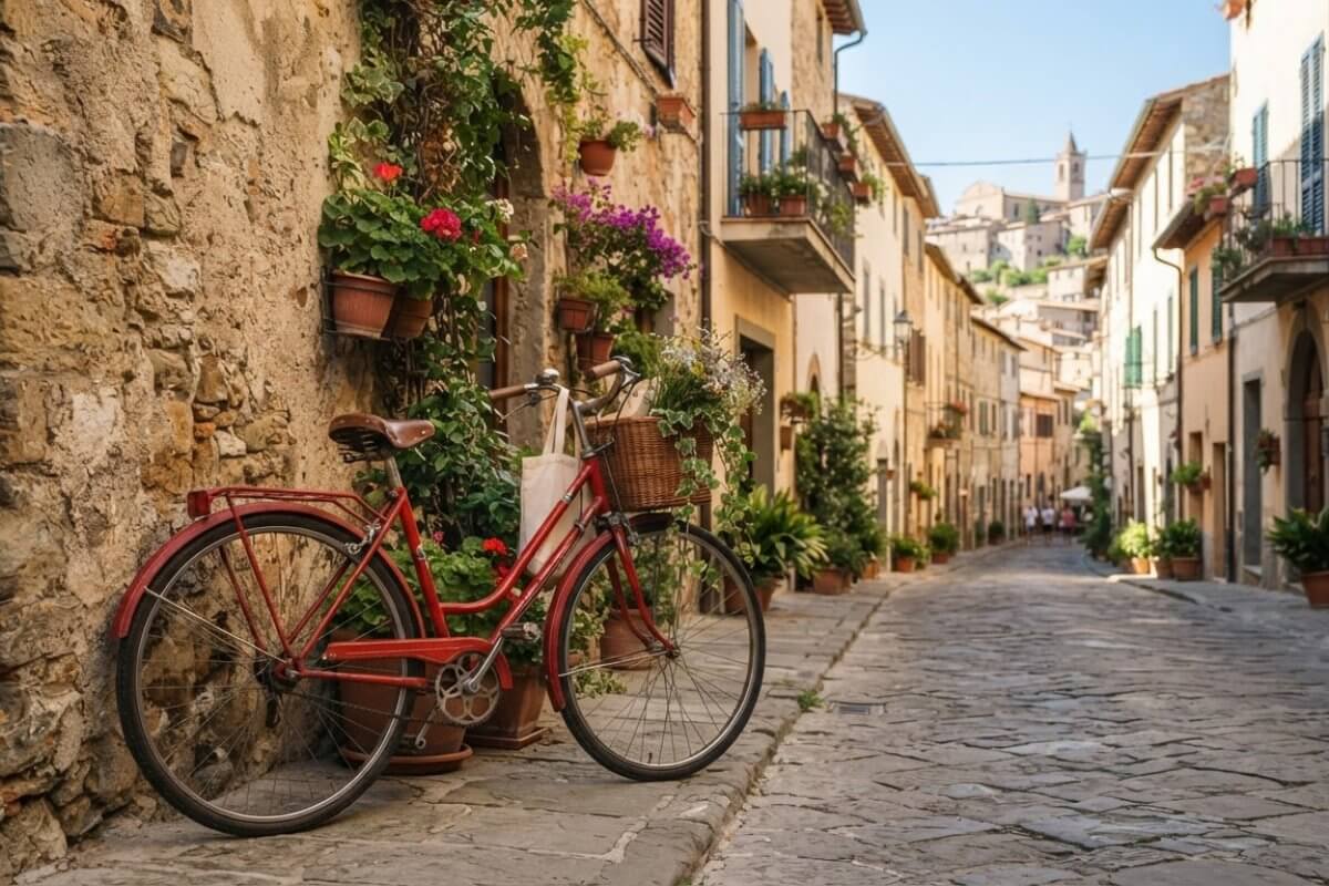 A sharp, crisp photo of a red bicycle leaning on a stone wall in a sunny street, a clear image that extends well