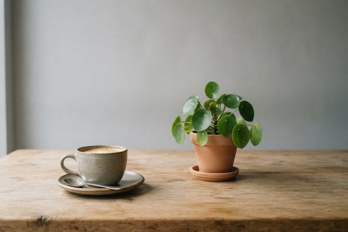 A coffee cup and plant on a wooden table against a plain gray wall, a simple background that extends cleanly