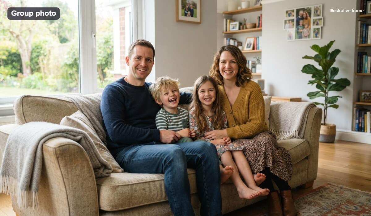 A family of four in one group photo, shown as an illustrative frame
