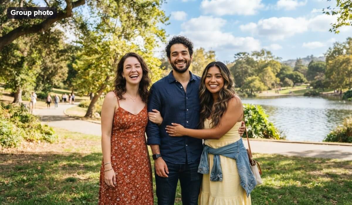 Three friends in one group photo, shown as an illustrative frame