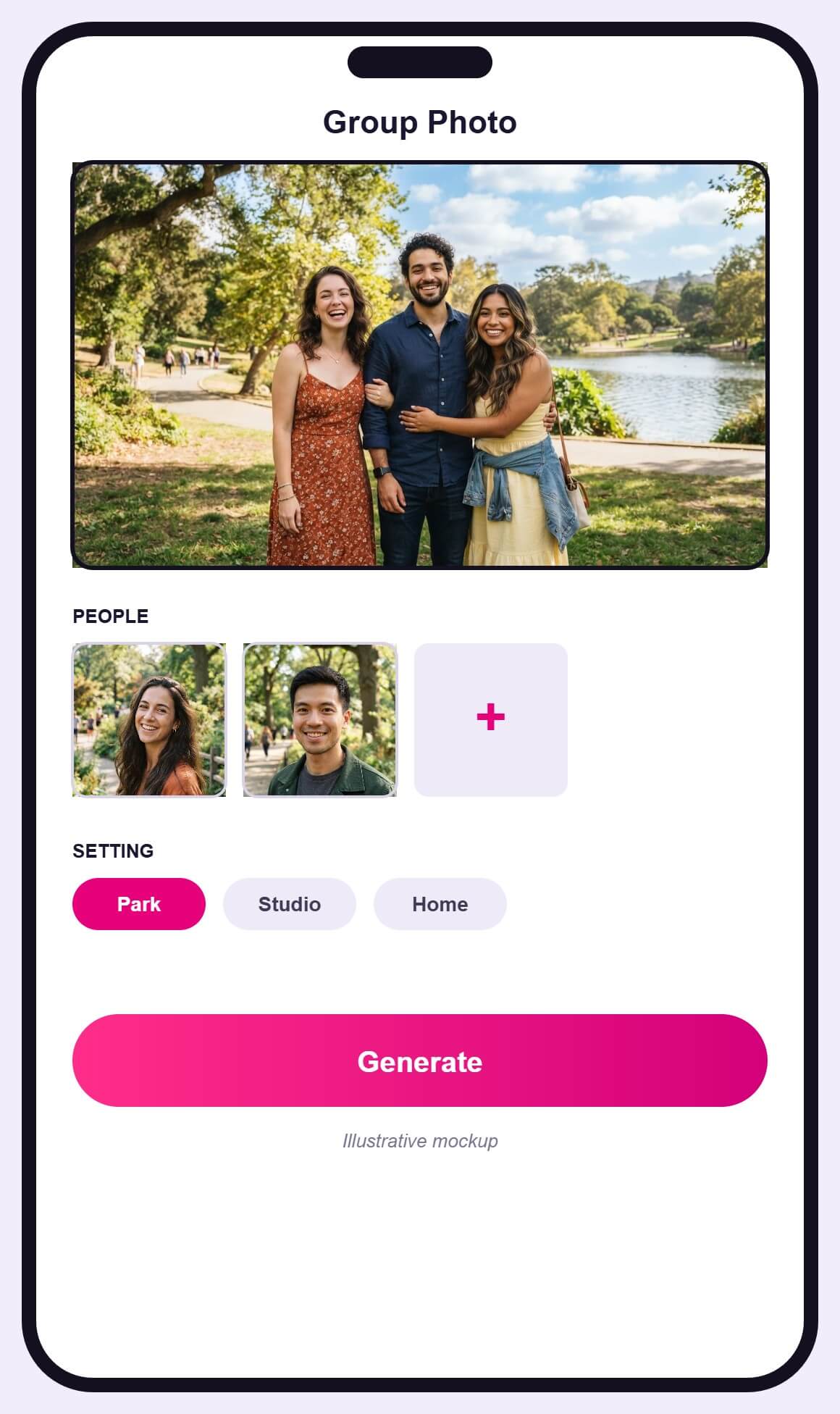 Illustrative mockup of a group photo screen: a group preview, two people added and a slot for a third, setting choices and a Generate button