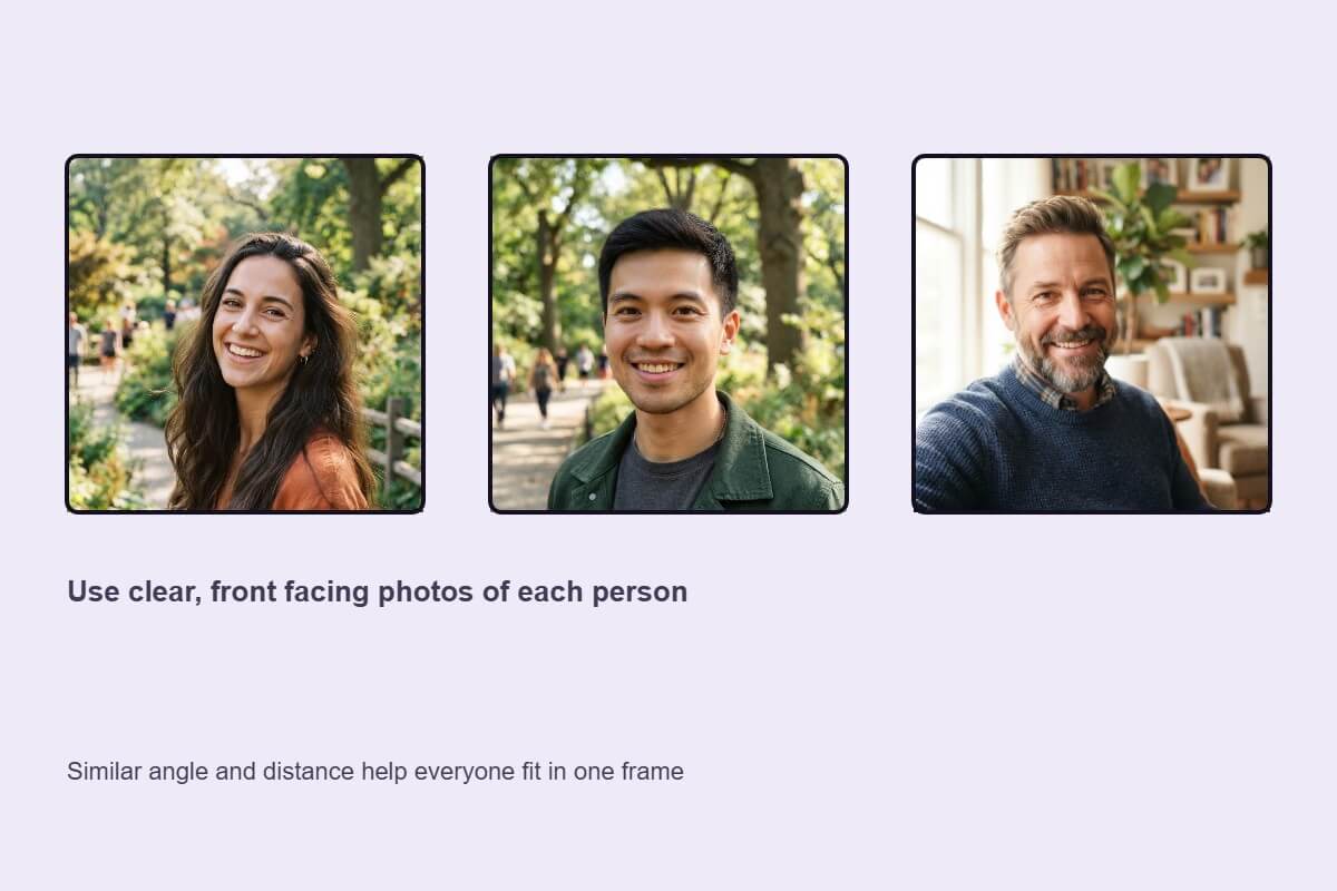 Three front facing portraits of different people in a row, shown as an illustrative drawing