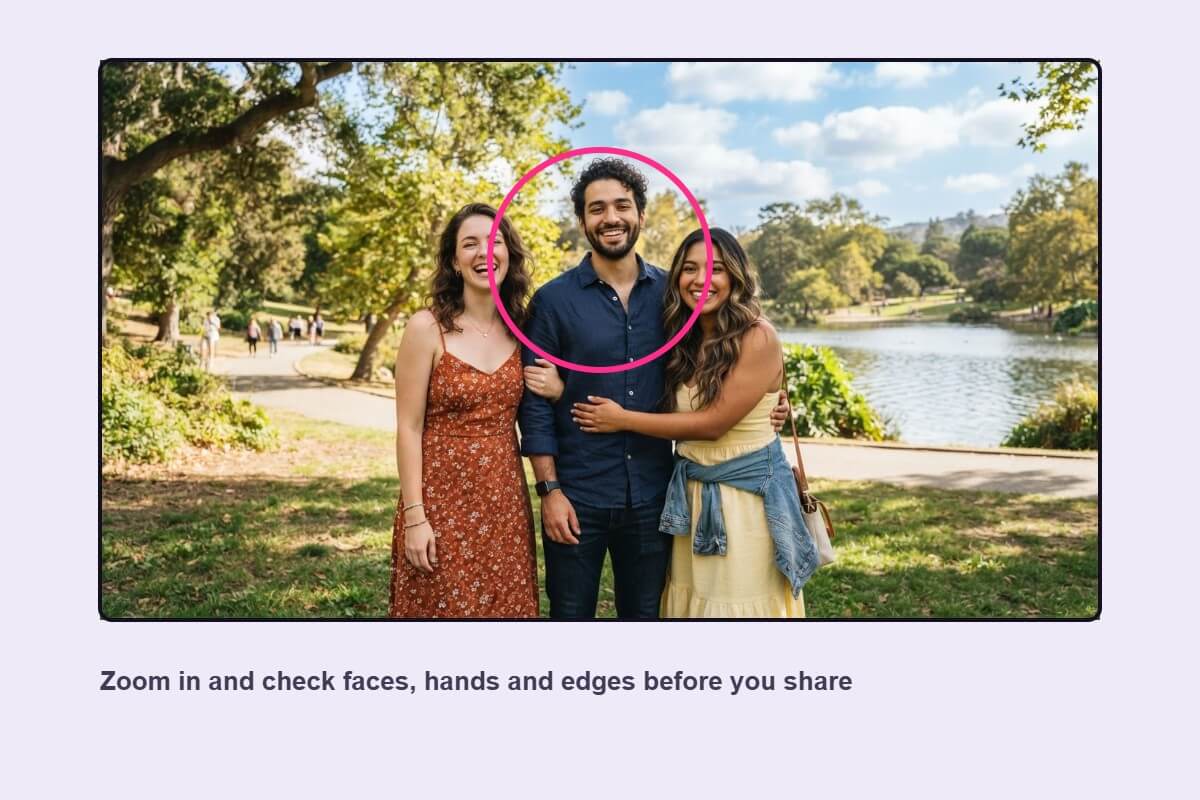 A group photo with a circle highlighting a face to check, shown as an illustrative drawing
