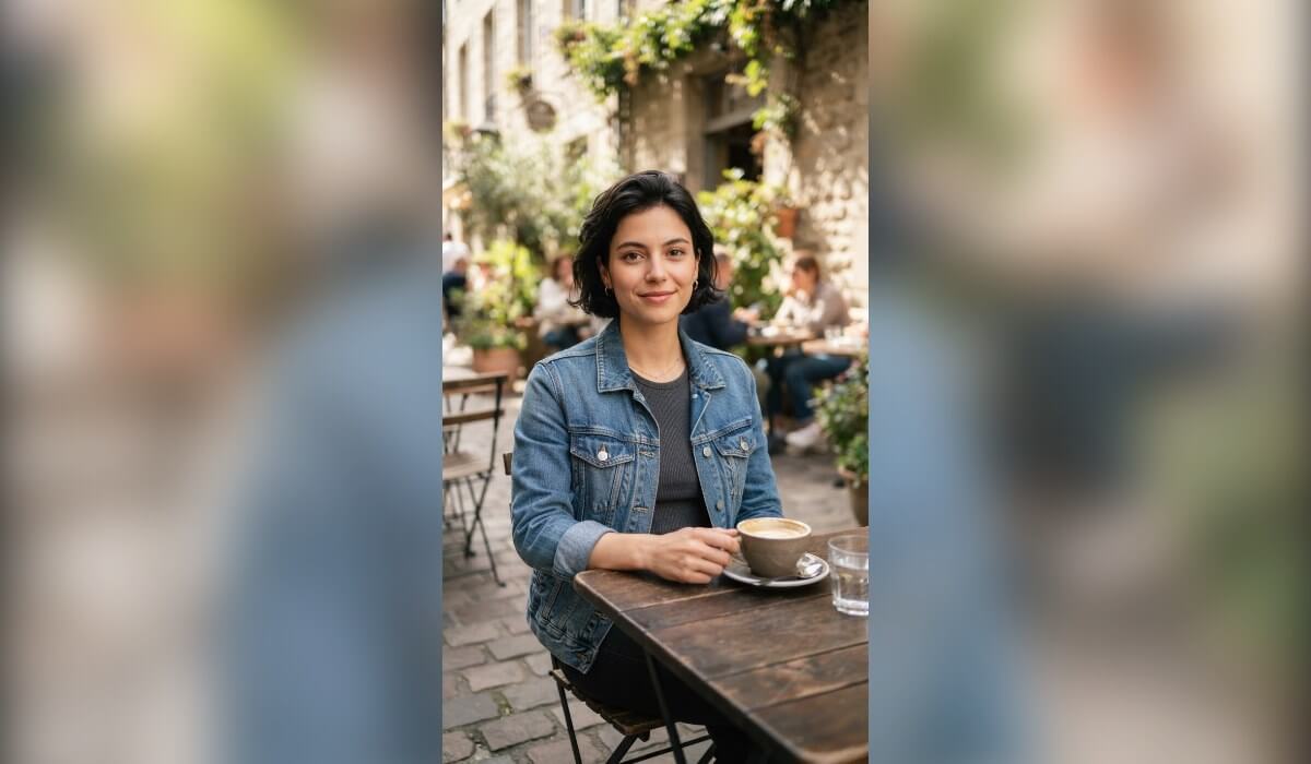 A generated portrait of a fictional young woman with short black hair in a denim jacket at a cafe table