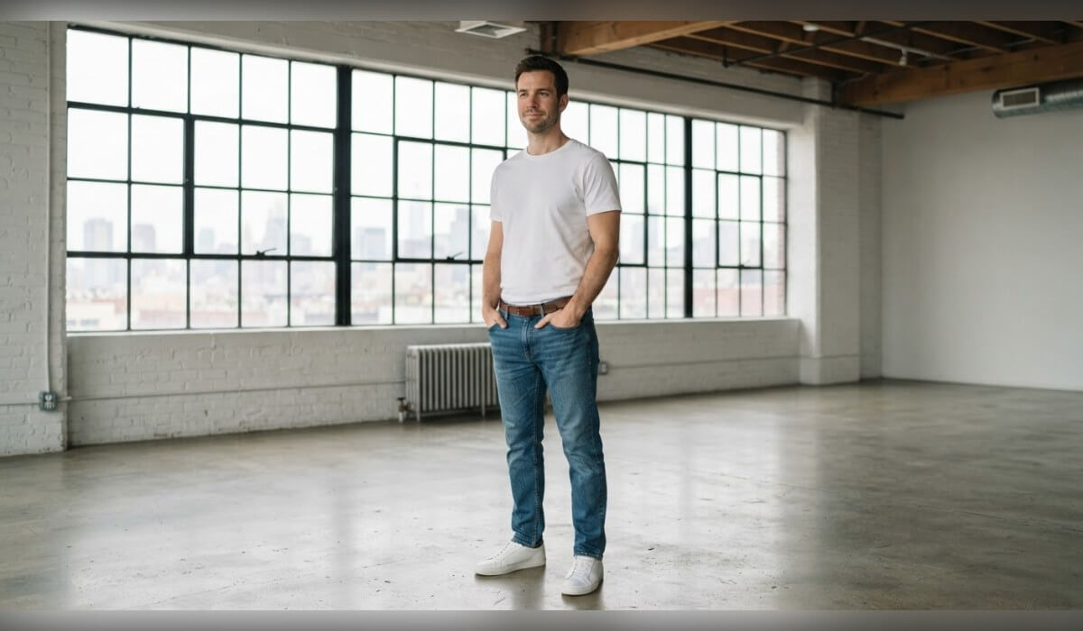 A generated full-body image of a fictional man in a white t-shirt and jeans in a bright loft