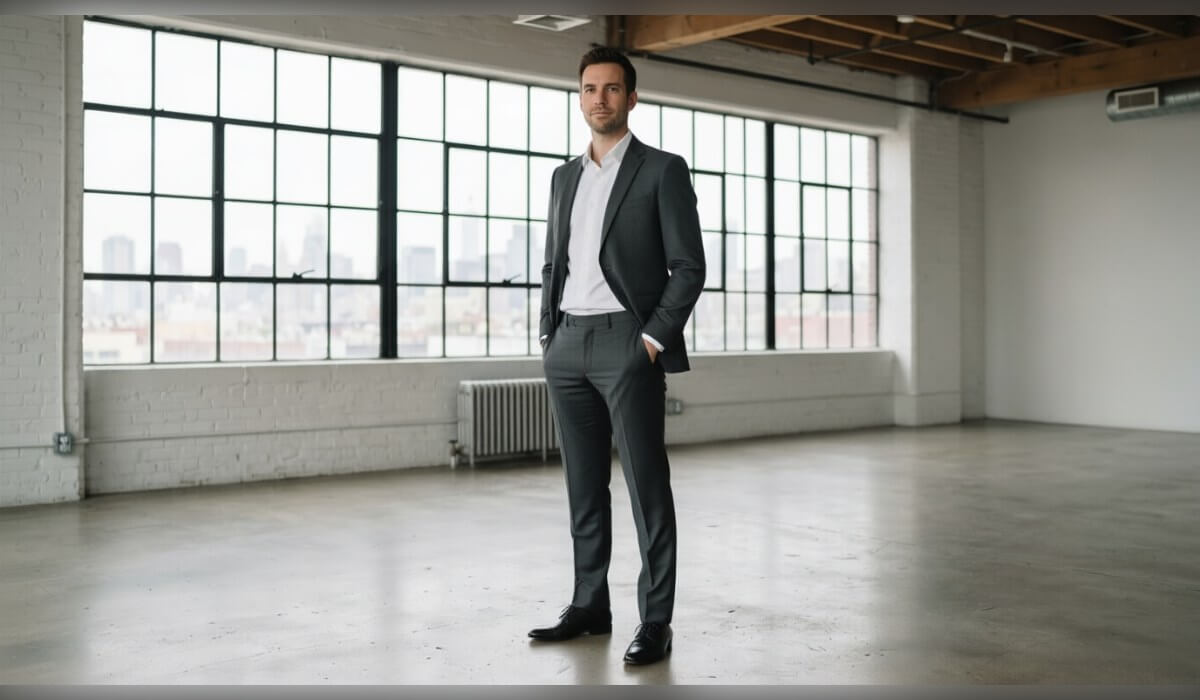 The same generated man in a tailored charcoal suit in the same loft