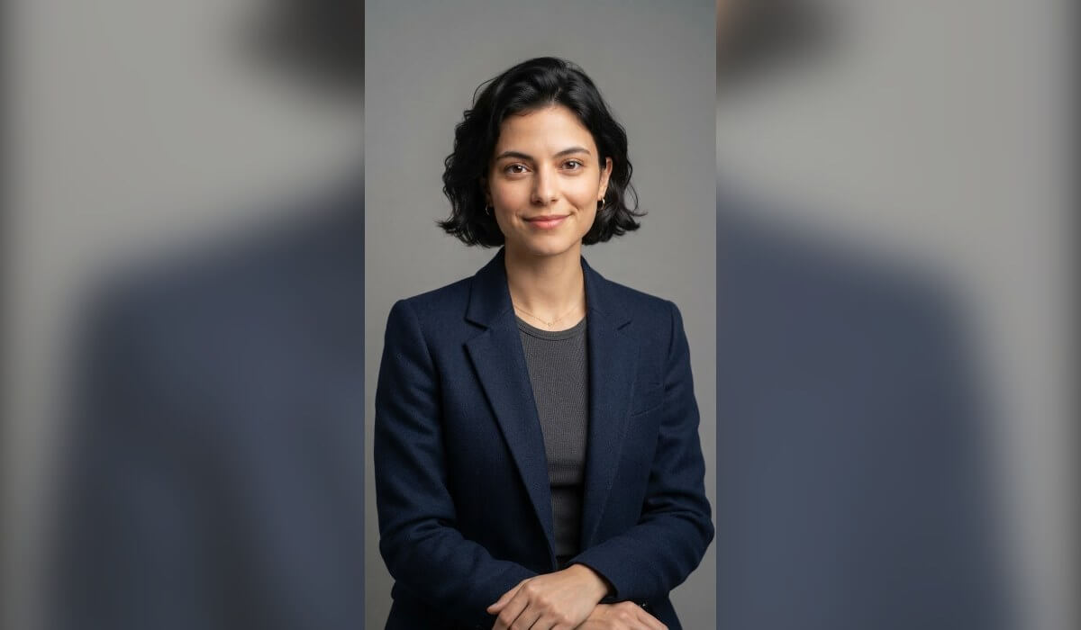 The same generated woman in a navy blazer on a gray studio backdrop