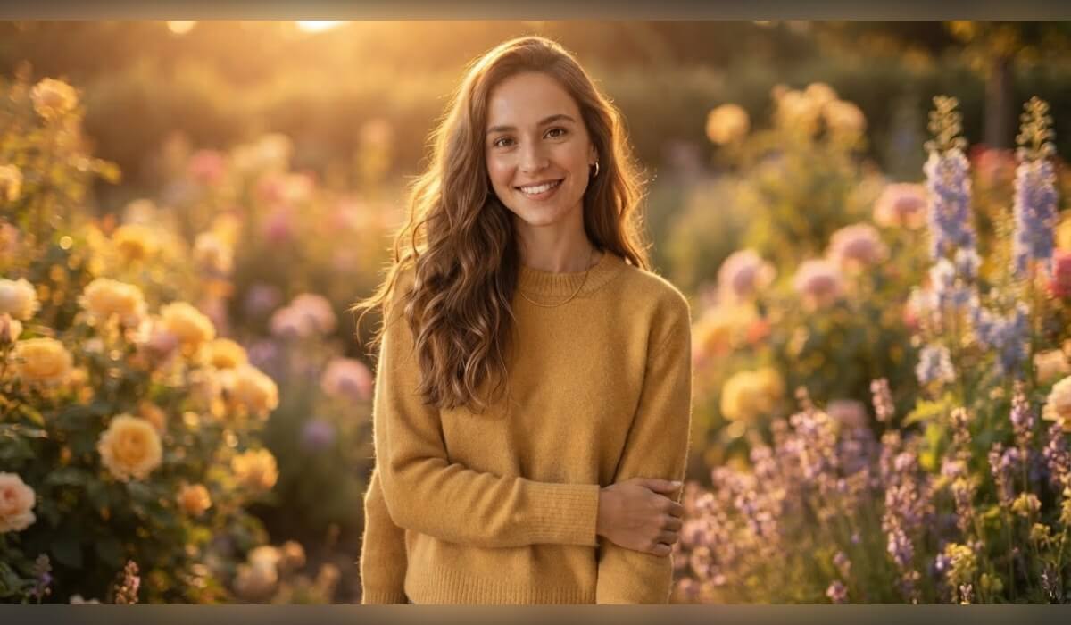 The same generated woman placed in a sunny flower garden in golden hour light
