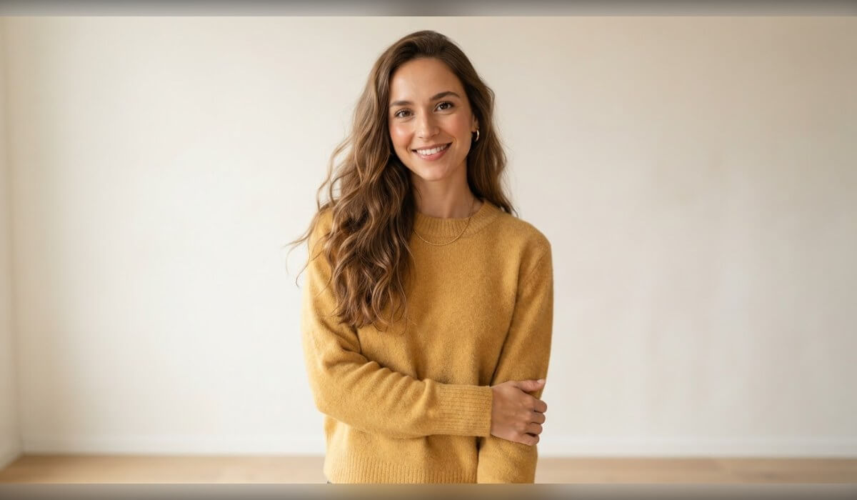 A generated half-body image of a fictional woman with long brown hair in a mustard sweater against a plain wall