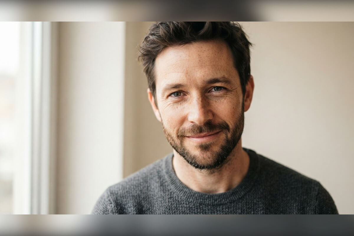 A generated close-up portrait of a fictional man with freckles and a short beard, a good image to inspect for fine details