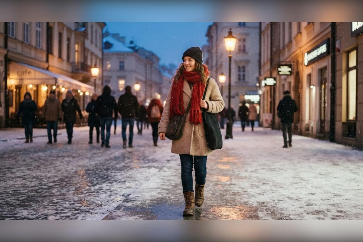 A generated woman in a red scarf and beige coat walking on a snowy street at dusk, an example of a detailed prompt