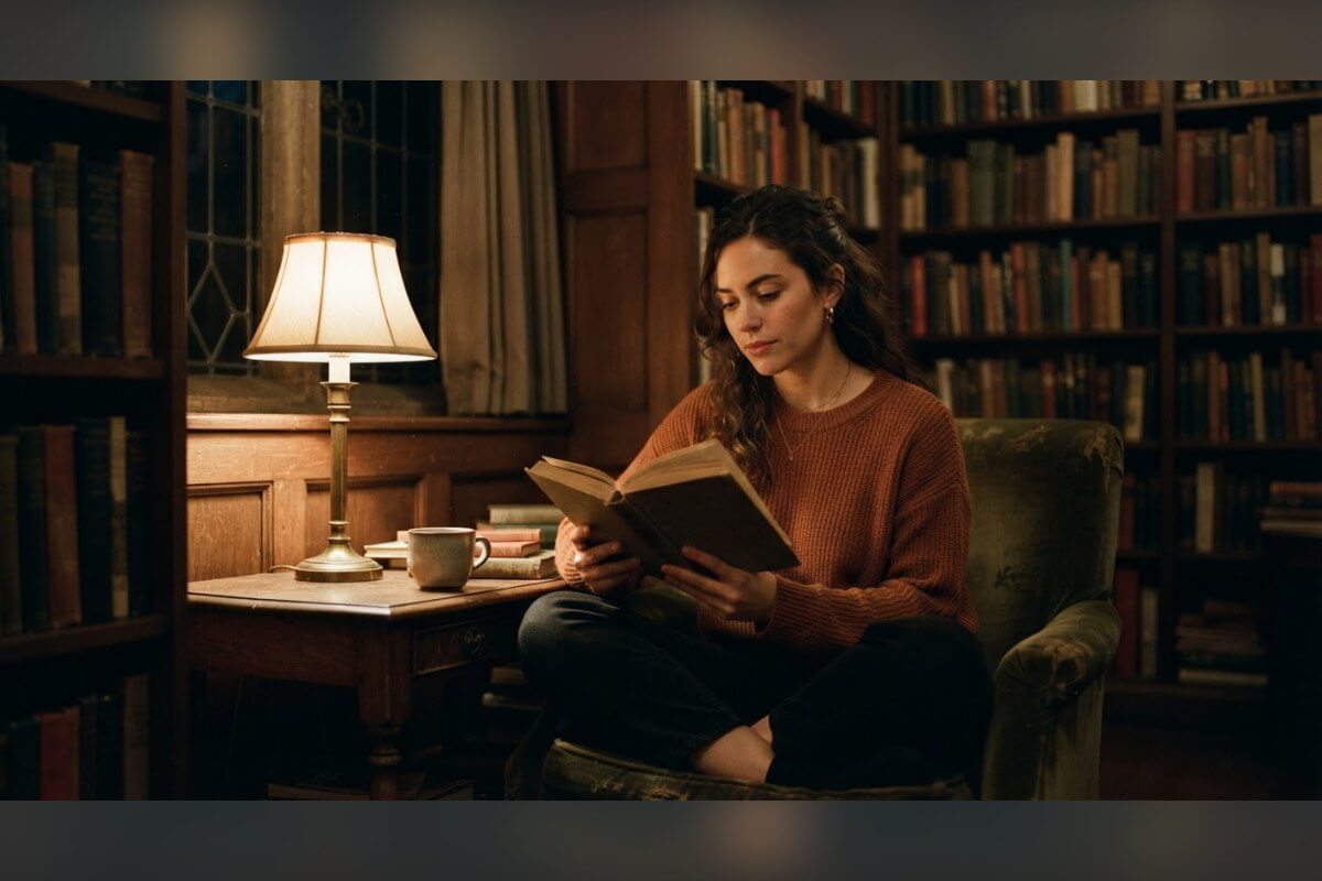 A generated woman reading a book in a library corner, a made-up person for illustration use
