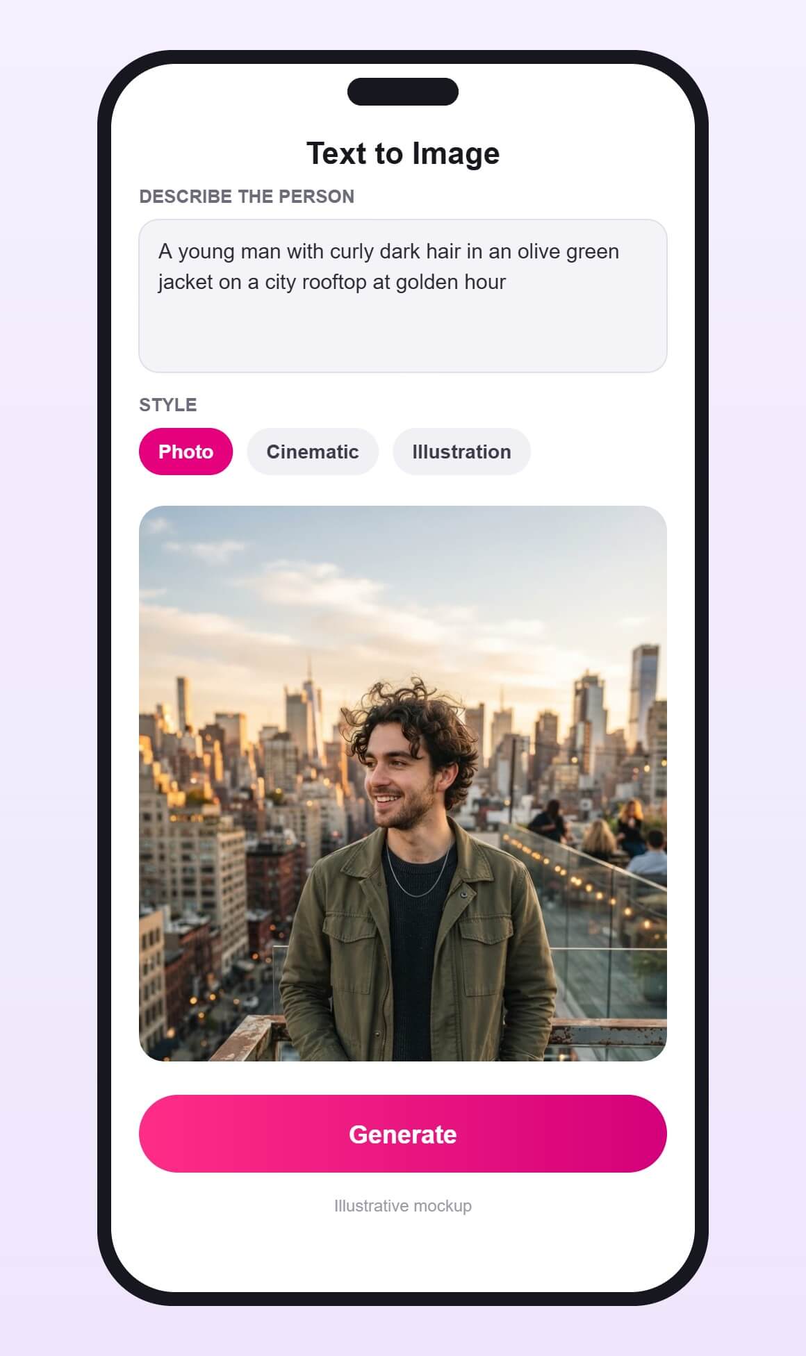 Illustrative mockup of a text to image screen: a prompt describing a person, style choices, a generated person and a Generate button