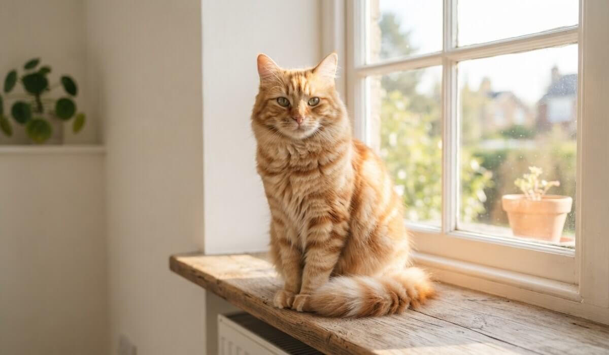 An orange tabby cat sitting on a sunny wooden windowsill