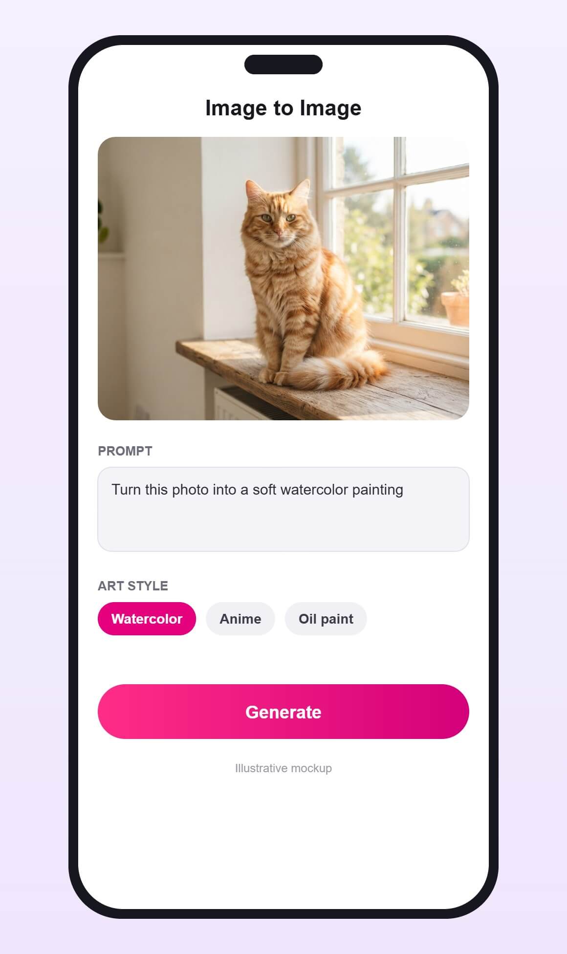 Illustrative mockup of an image to image screen: a cat photo, a prompt box, art style choices and a Generate button