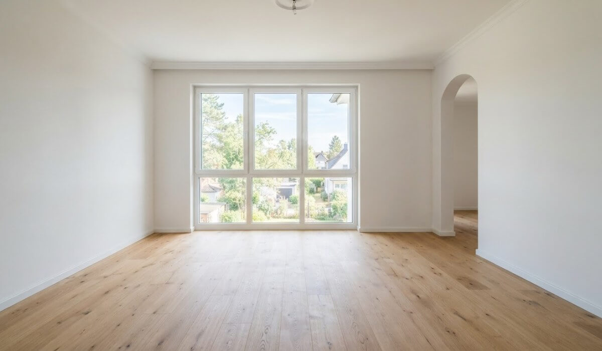 An empty living room with white walls, a wooden floor and one large window