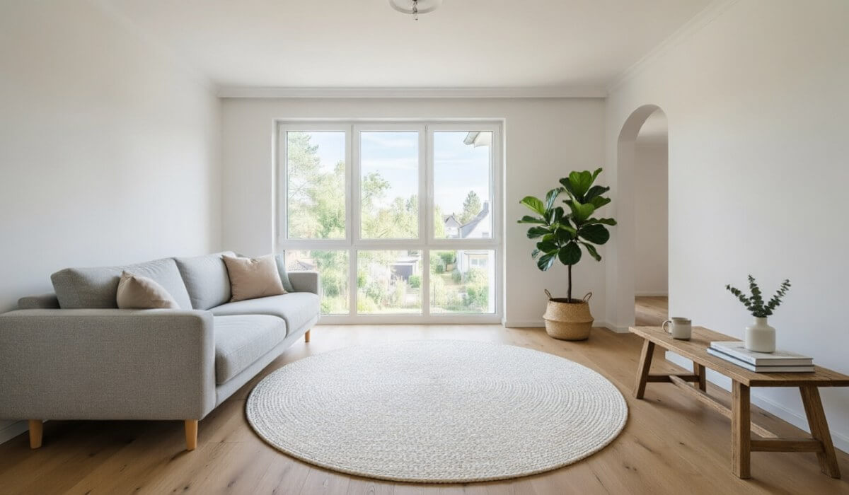 The same room furnished in a cozy Scandinavian style with a sofa, rug, plant and table