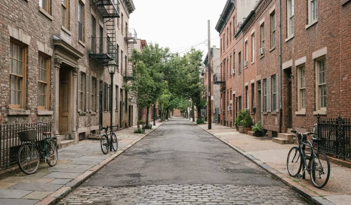 An empty city street in daylight with brick buildings and parked bicycles