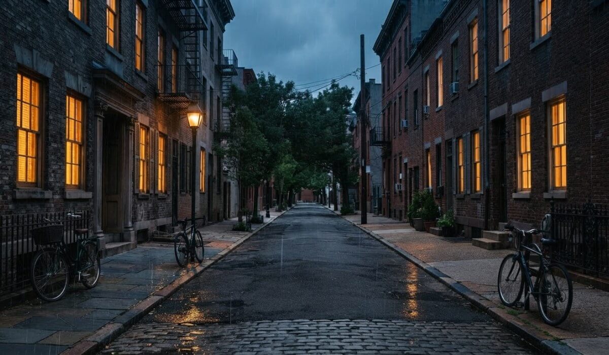 The same street turned into a rainy night scene with wet pavement and warm window lights
