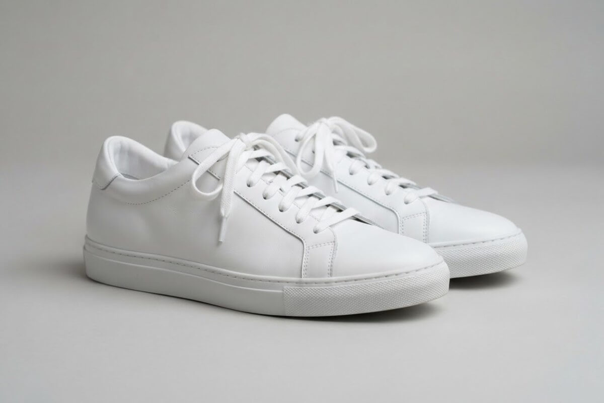 Plain white sneakers on a light gray background, a clear subject to keep the same