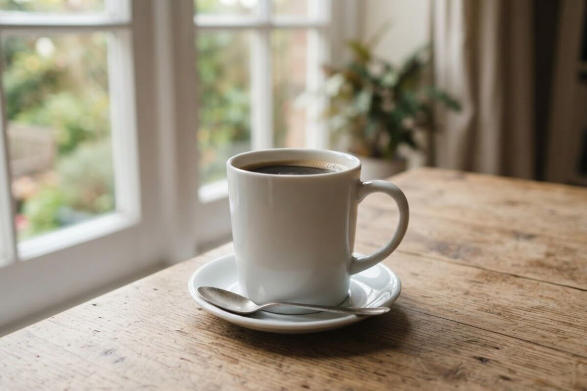 A sharp, well-lit photo of a white ceramic mug on a wooden table, a good source image