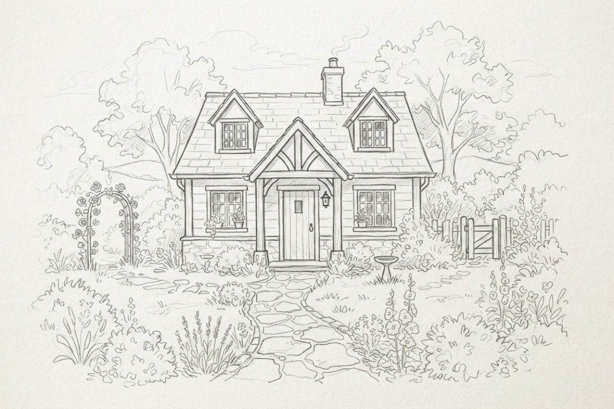 A simple pencil sketch of a small cottage, a sketch can be a source image