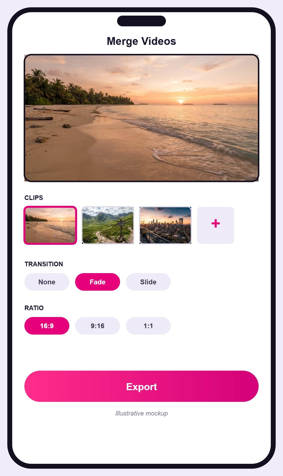 Illustrative mockup of a merge videos screen: a preview, three clips on a timeline, transition and ratio choices and an Export button