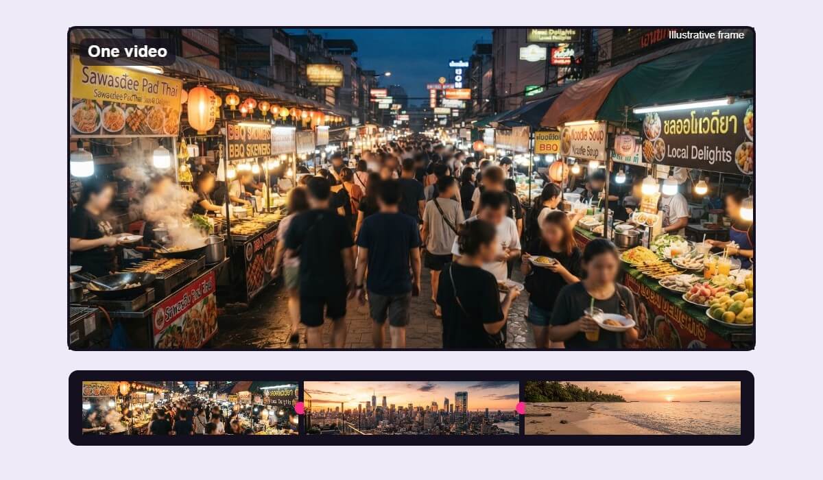 Three clips combined into one video, shown as an illustrative frame with a timeline