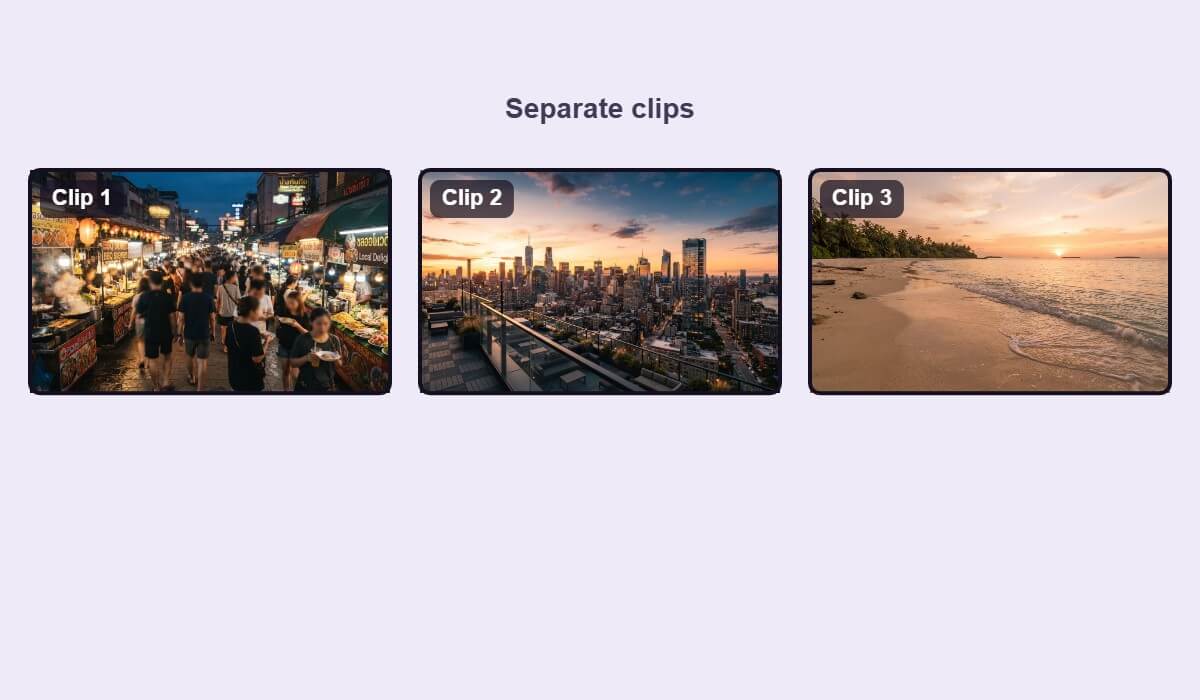 Three city and beach clips shown as separate thumbnails
