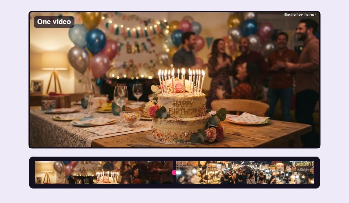 Two party clips combined into one video, shown as an illustrative frame with a timeline
