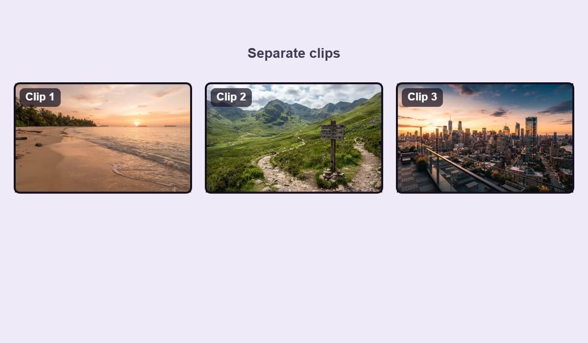Three travel clips shown as separate thumbnails