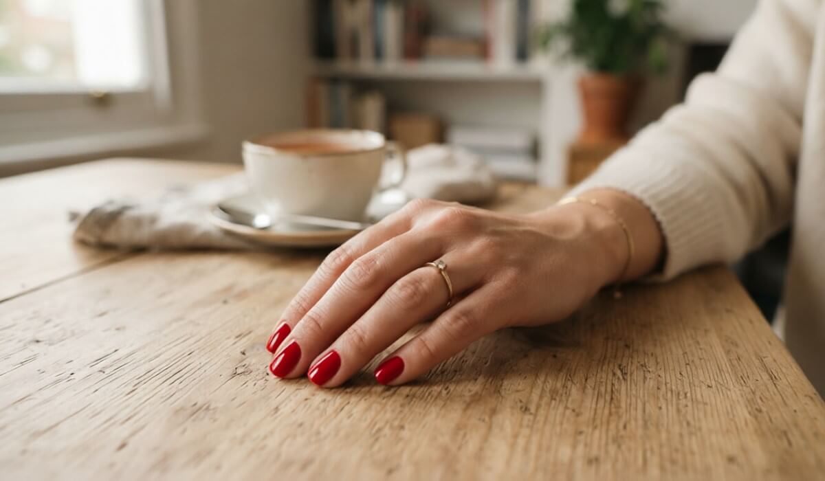 Nails after a virtual classic red nail try on preview