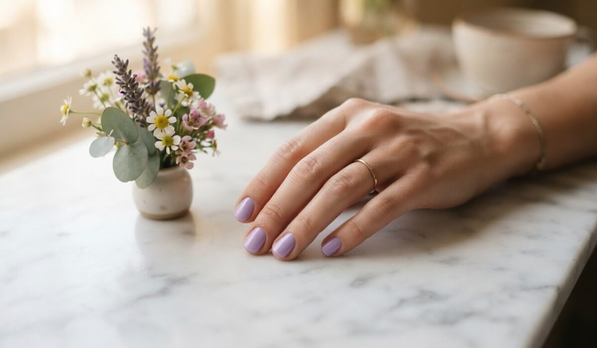 Nails after a virtual pastel lavender nail try on preview
