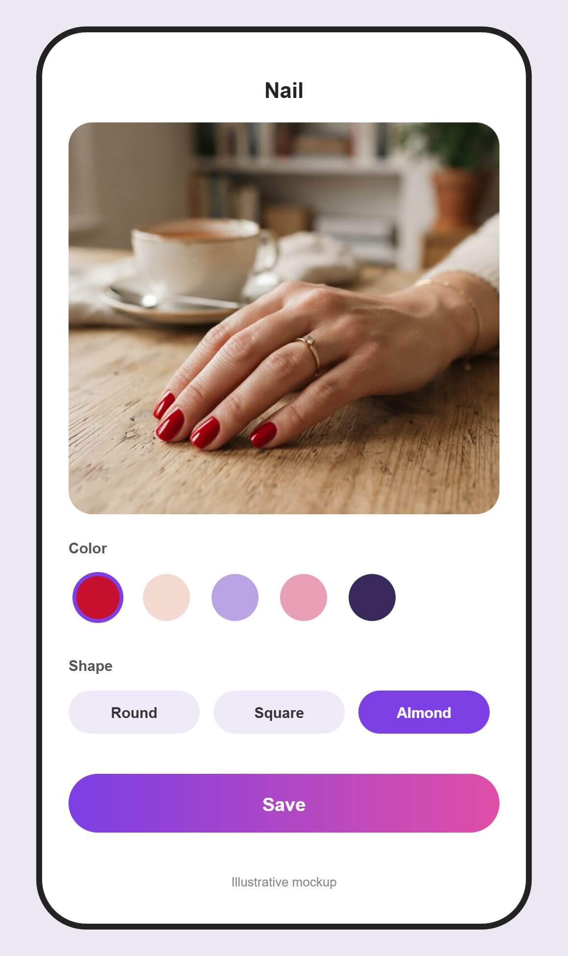 Illustrative mockup of a nail try on screen in a makeup app with a hand photo, color swatches and nail shape options