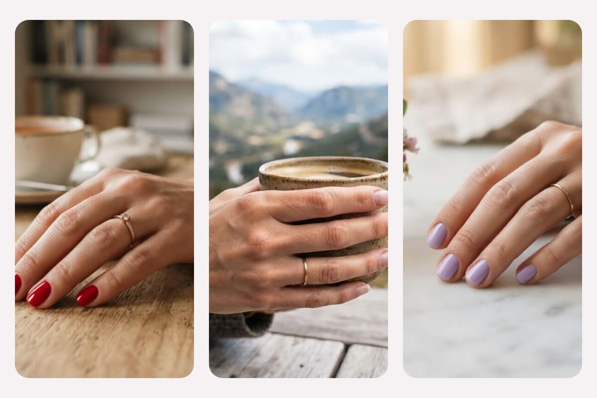 Three nail colors compared side by side in the same hand photo