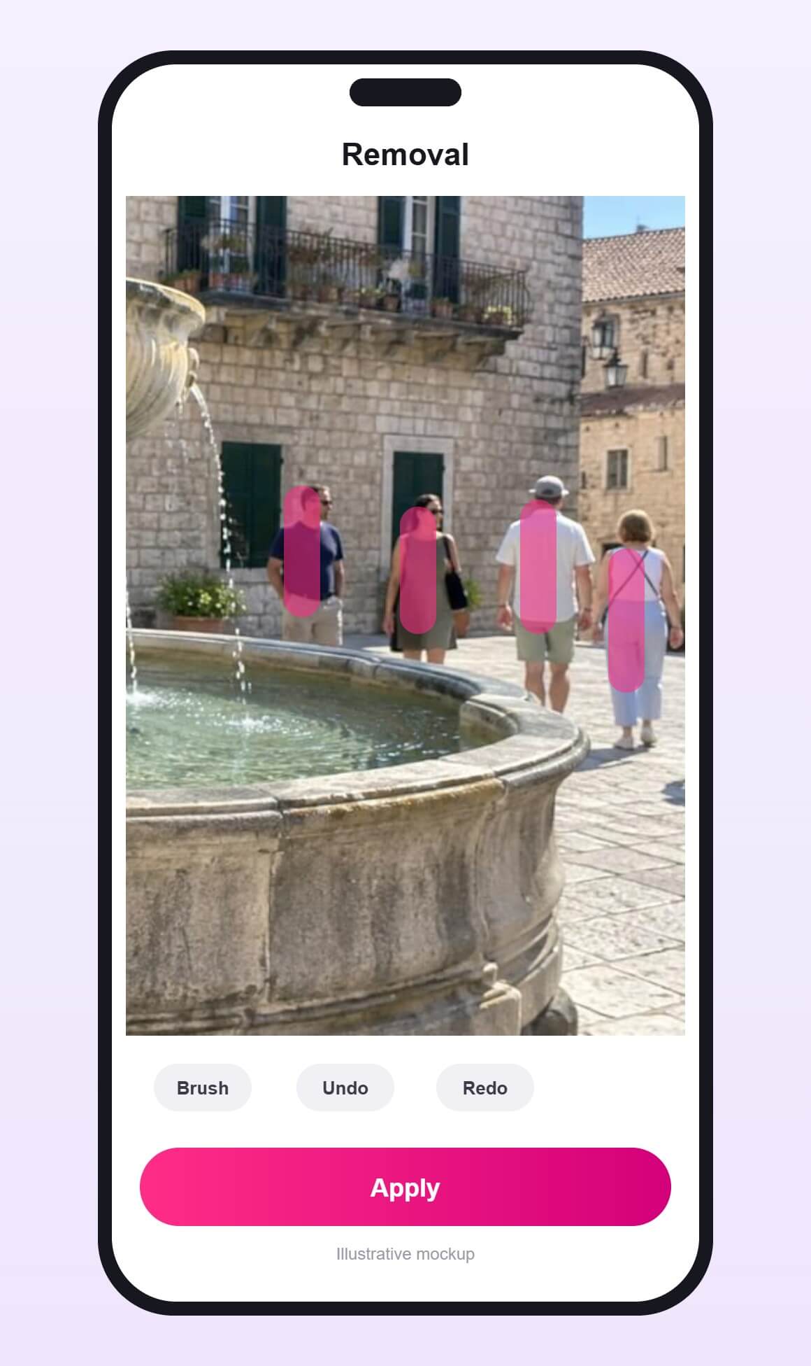 Illustrative mockup of a removal screen on a phone: pink brush strokes over people in the background of a travel photo, with Brush, Undo, Redo and Apply buttons
