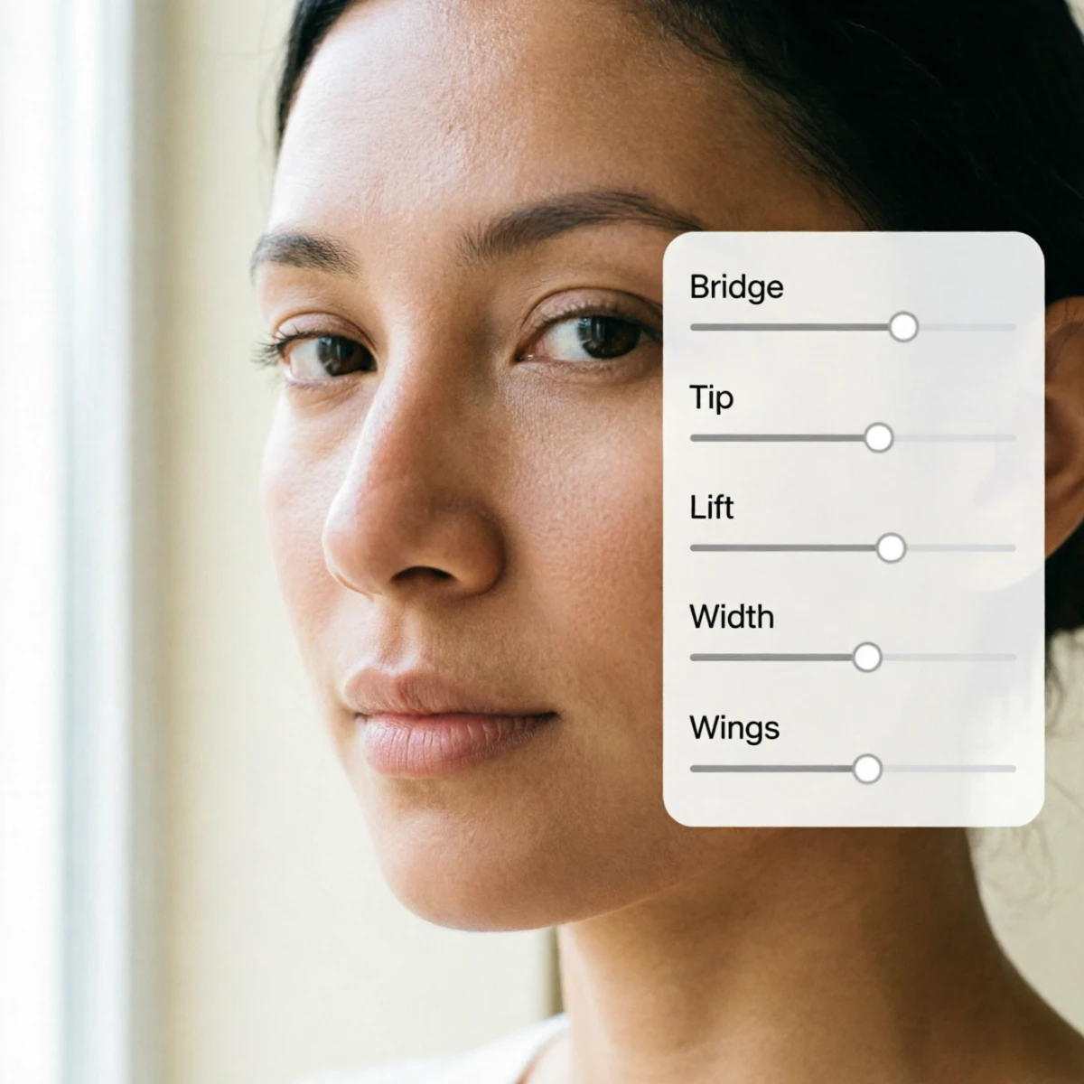 Rhinoplasty before and after AI simulator with bridge tip lift width and wing controls
