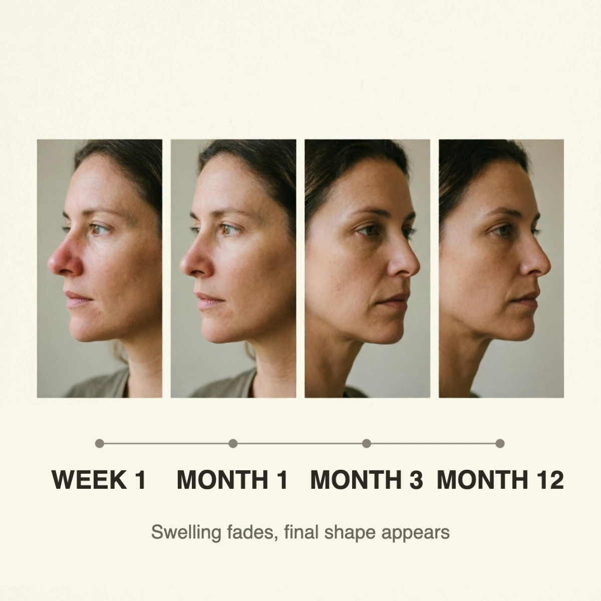 Rhinoplasty before and after recovery timeline compared with AI simulated result