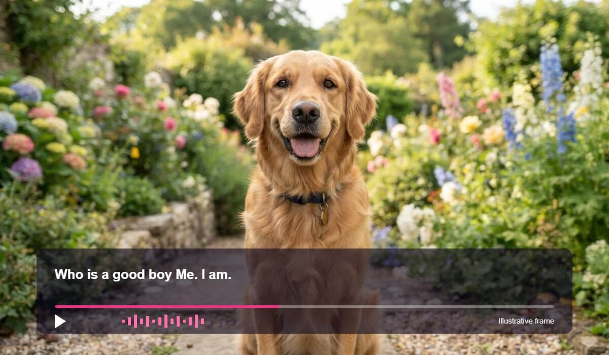 Same photo shown as an illustrative talking frame with a caption and play bar