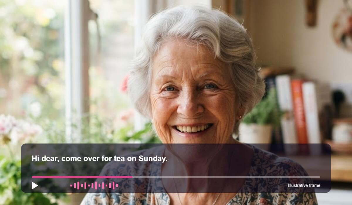 Same photo shown as an illustrative talking frame with a caption and play bar
