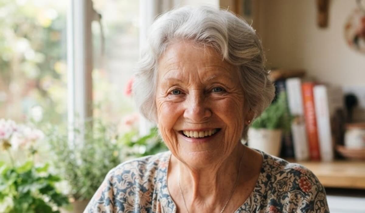 Silver haired woman at a kitchen table, original still photo