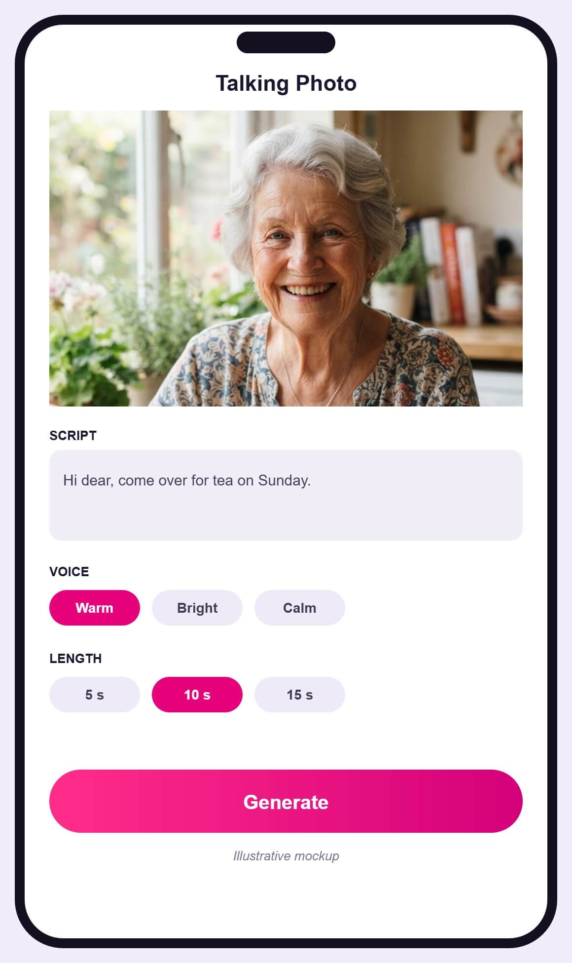 Illustrative mockup of a talking photo screen: a photo of a woman, a script box, voice and length choices and a Generate button