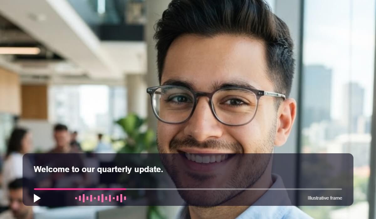 Same photo shown as an illustrative talking frame with a caption and play bar
